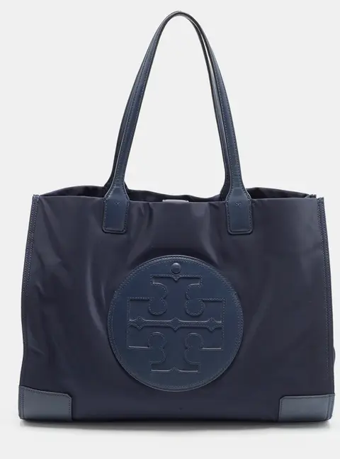 Tory Burch Ella Large Navy Blue Leather and Nylon Shopper Tote