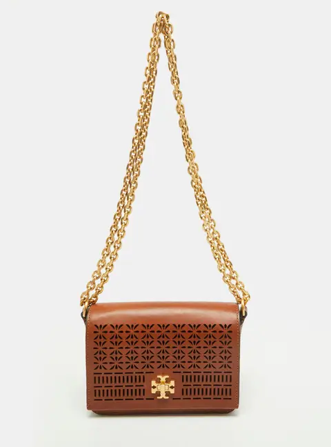 Tory Burch Kira Brown Laser Cut Out Leather Shoulder Bag