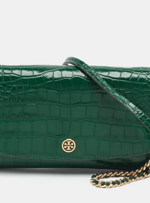 Tory Burch Robinson Green Croc Embossed Leather Wallet On Chain