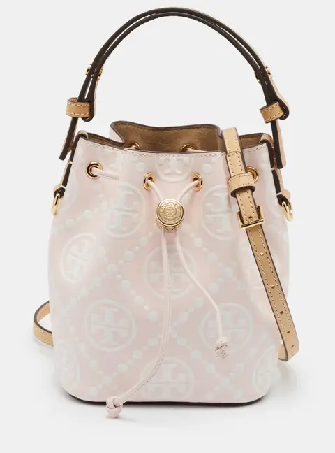 Tory Burch Mini Pink/White T Monogram Contrast Embossed Leather Bucket Bag