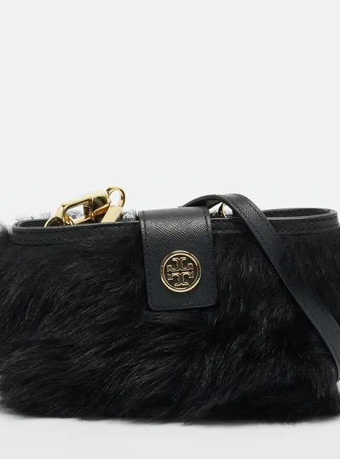 Tory Burch Flap Black Faux Fur and Leather Crossbody Bag