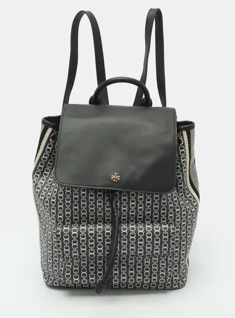 Tory Burch Grey/Black Gemini Link Coated Canvas and Faux Leather Drawstring