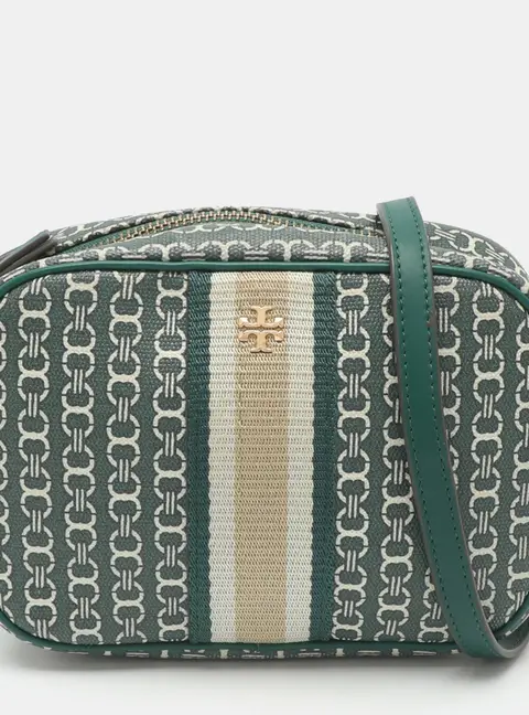 Tory Burch Green Gemini Link Coated Canvas and Leather Crossbody Bag