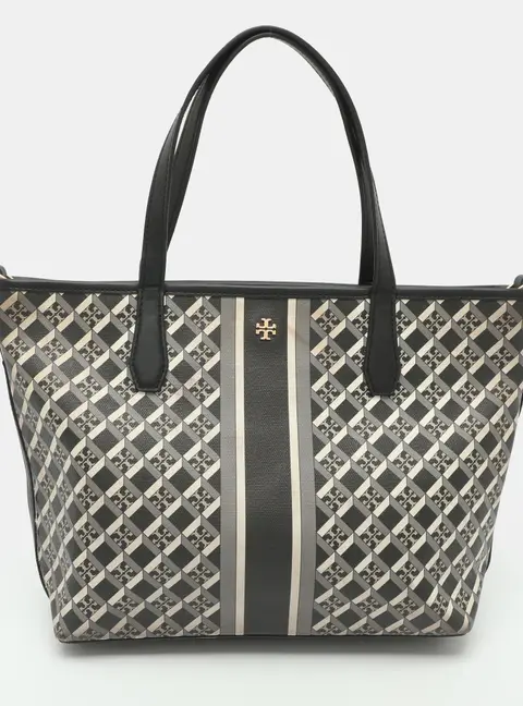 Tory Burch Grey Signature Coated Canvas and Leather Tote