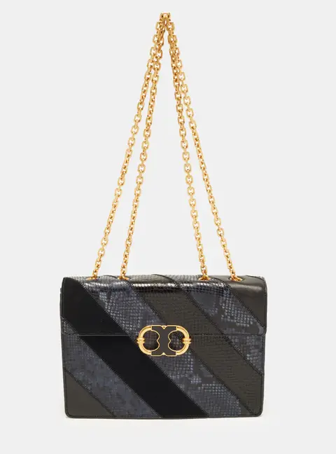 Tory Burch Gemini Link Medium Blue/Black Snakeskin Embossed Leather and Suede Shoulder Bag