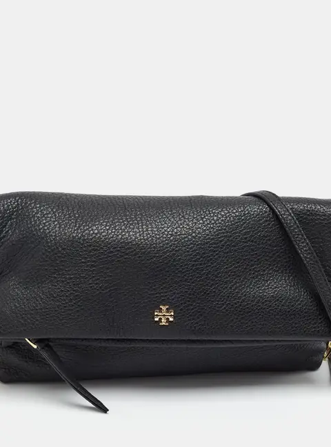 Tory Burch Fold Over Black Leather Crossbody Bag