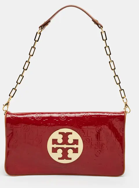 Tory Burch Reva Monogram Embossed Patent Leather Shoulder Bag