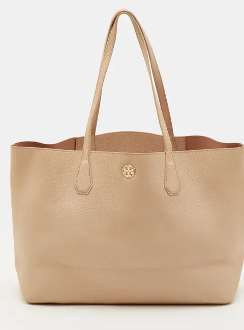 Tory Burch Logo Sand Beige Leather Shopper Tote