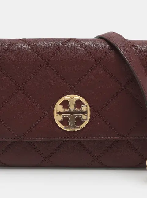 Tory Burch Willa Burgundy Quilted Leather Wallet On Chain