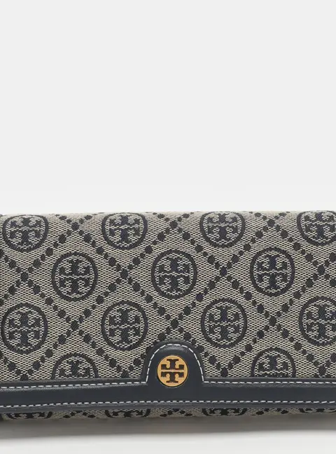 Tory Burch T Monogram Blue Canvas and Leather Wallet On Strap