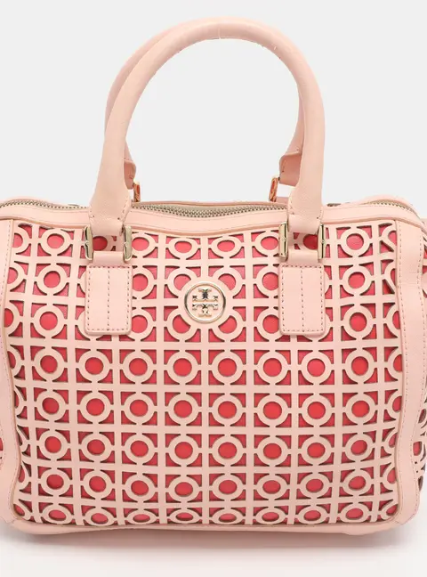 Tory Burch Pink/Red Laser Cut Leather Satchel