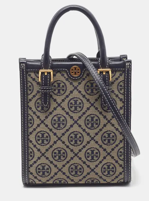 Tory Burch T Monogram Mini Navy Blue Canvas and Leather Tote