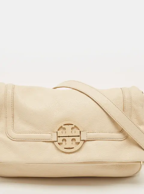 Tory Burch Amanda Foldover Cream Leather Crossbody Bag