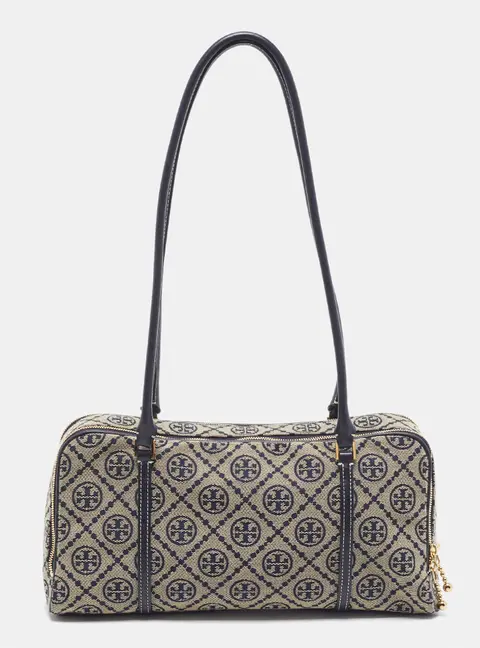 Tory Burch Marshmallow Small Navy Blue T Monogram Jacquard and Leather Satchel