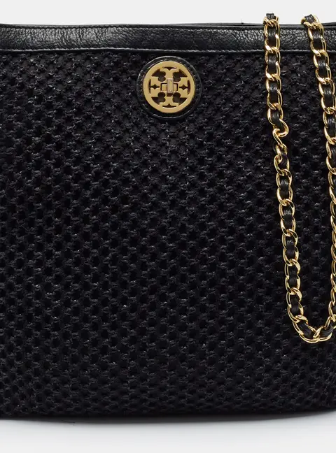 Tory Burch Woven Chain Black Fabric and Leather Tote