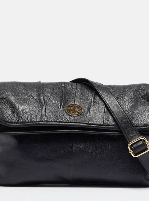 Tory Burch Black Leather Fold Over Shoulder Bag