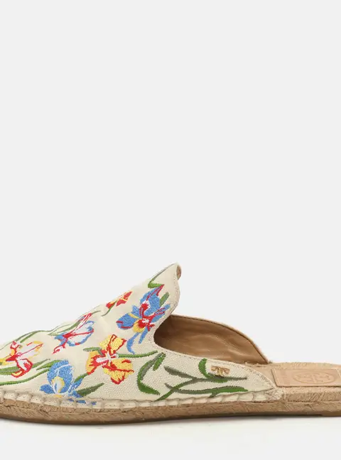 Tory Burch Multicolor Floral Embroidered Canvas Espadrille Mules Size 37.5