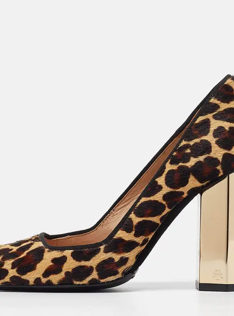 Tory Burch Beige/Brown Pony Hair Square Toe Block Heel Pumps Size 36