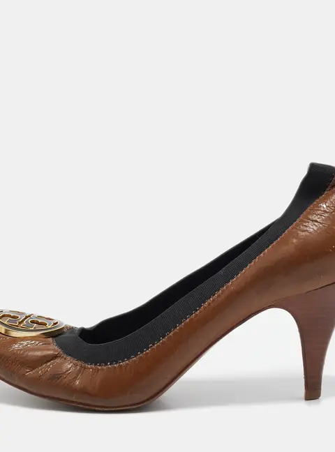 Tory Burch Brown Patent Leather Caroline Scrunch Pumps Size 39