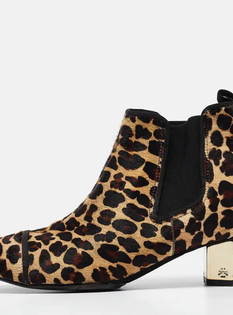 Tory Burch Brown/Beige Leopard Print Calf Hair Ankle Boots Size 38.5