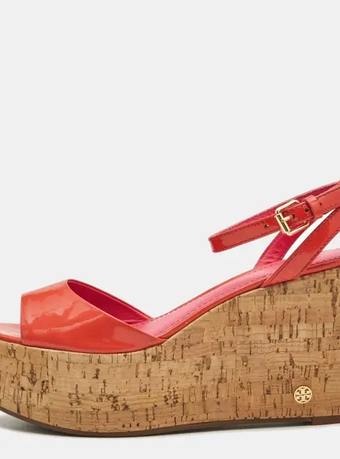 Tory Burch Pink Patent Leather Dahlia Cork Wedge Sandals Size 36