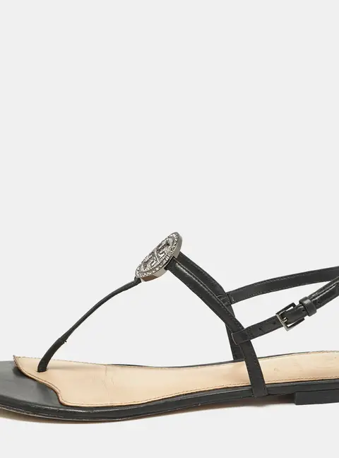 Tory Burch Black Leather Logo Embellished Flat Thong Sandals Size 38
