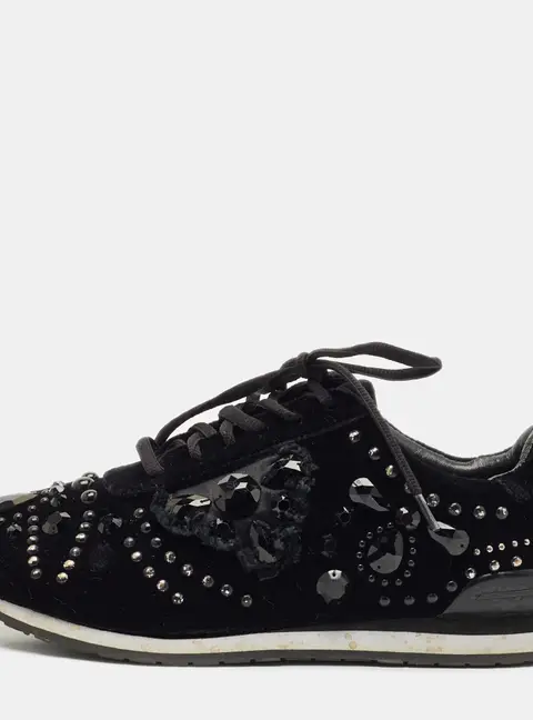 Tory Burch Black Velvet Scarlett Crystal Embellished Sneakers Size 37.5