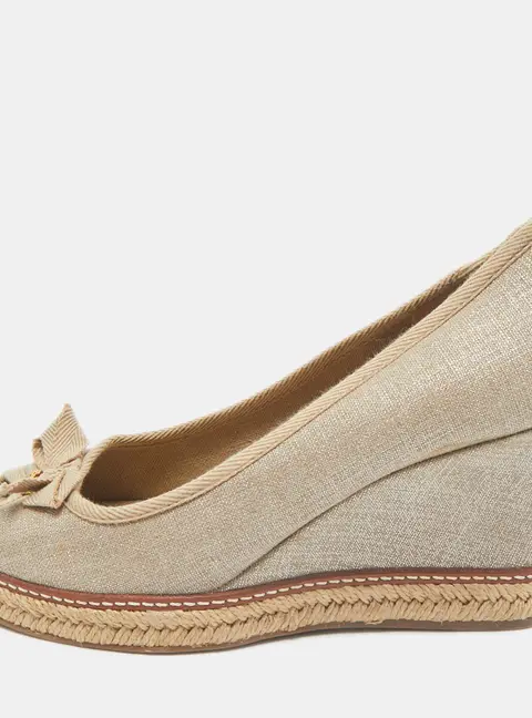 Tory Burch Grey Canvas Jackie Bow Peep Toe Wedge Espadrille Pumps Size 40