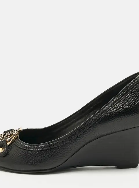 Tory Burch Black Leather Amanda Peep Toe Wedge Pumps Size 37.5