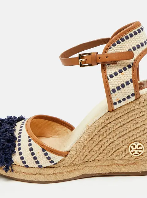Tory Burch Multicolor Canvas And Leather Trim Wedge Espadrille Sandals Size 38