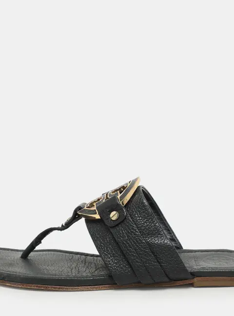 Tory Burch Black Leather Amanda Thong Flat Sandals Size 38