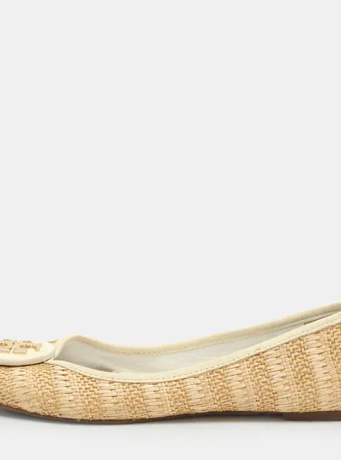 Tory Burch Beige/Cream Raffia and Leather Reva Ballet Flats Size 38