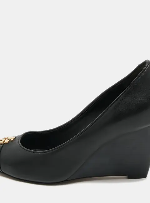Tory Burch Amanda Size 35.5 Black Leather and Patent Leather Wedge Pumps