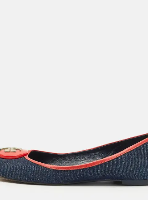 Tory Burch Blue/Red Denim and Leather Reva Ballet Flats Size 38.5
