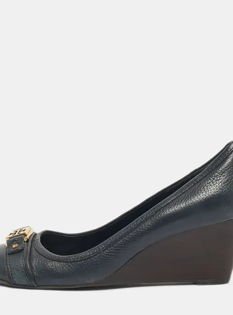 Tory Burch Navy Blue Leather Lowell Wedge Pumps Size 39.5