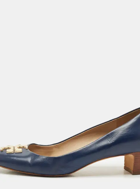 Tory Burch Janey Size 38 Navy Blue Leather Block Heel Pumps