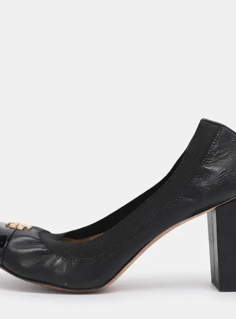 Tory Burch Black Leather Cap Toe Jolie Block Heel Pumps Size 38