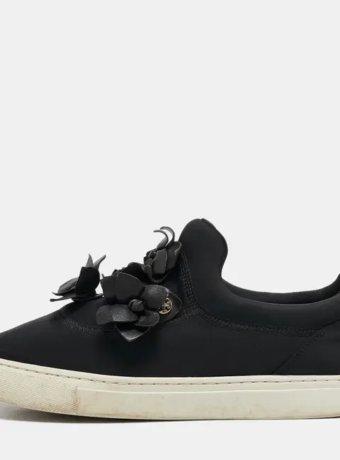 Tory Burch Black Neoprene And Leather Blossom Floral Applique Slip On Sneakers Size 39