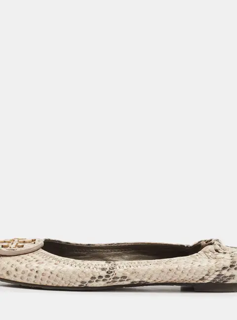 Tory Burch Cream/Black Python Embossed Leather Reva Scrunch Ballet Flats Size 36