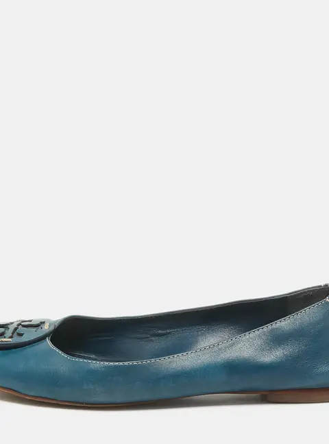 Tory Burch Blue Leather Logo Minnie Ballet Flats Size 37