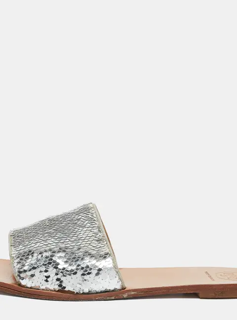 Tory Burch Silver Sequins Carter Flat Slides Size 38.5