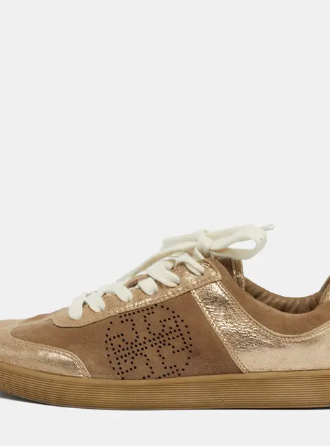 Tory Burch Beige/Gold Suede and Metallic Leather Perforated Logo Sneakers Size 38.5