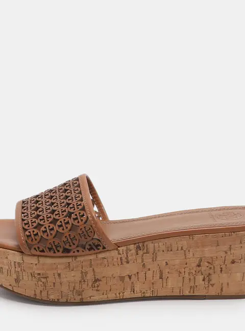 Tory Burch Elaine Size 40 Brown Laser Cut Leather Platform Slide Sandals