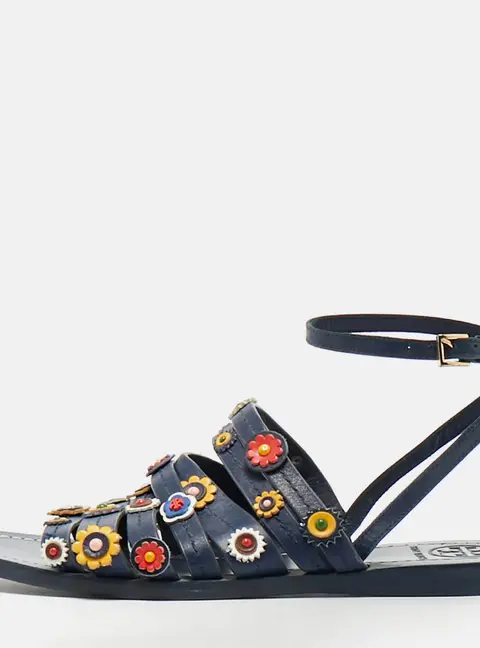 Tory Burch Size 37.5 Blue Leather  Floral Appliqu&eacute;d Ankle Wrap Flat Sandals