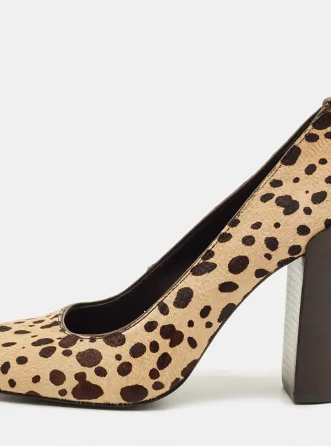 Tory Burch Size 37 Brown/Beige Leopard Print Calf Hair Block Heel Pumps
