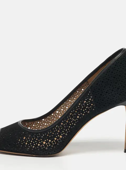 Tory Burch Elinor 90 mm Size 40 Black Laser Cut Suede Peep Toe Pumps