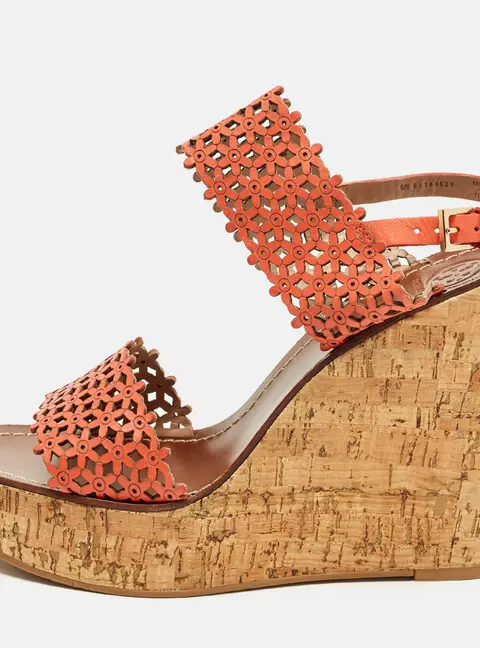 Tory Burch Daisy Size 41 Orange  Perforated Leather Wedge Sandals
