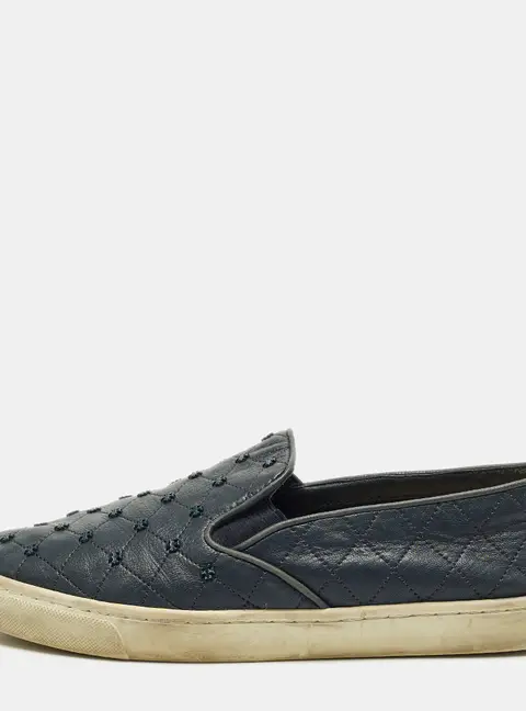Tory Burch Size 39 Navy Blue Quilted Leather Logo Embellished  Slip On Sneakers