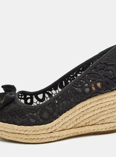 Tory Burch Jackie Size 38.5 Black Mesh Wedge Espadrille Pumps