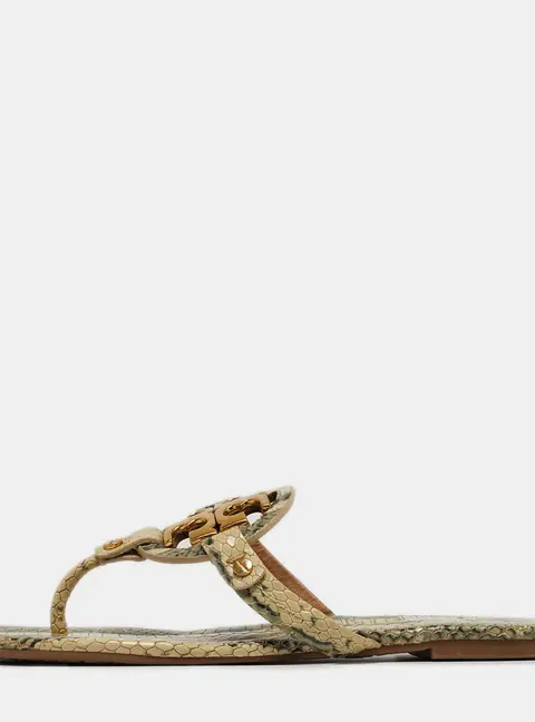 Tory Burch Miller Size 38.5 Grey/Green Python Embossed Leather Thong Flats